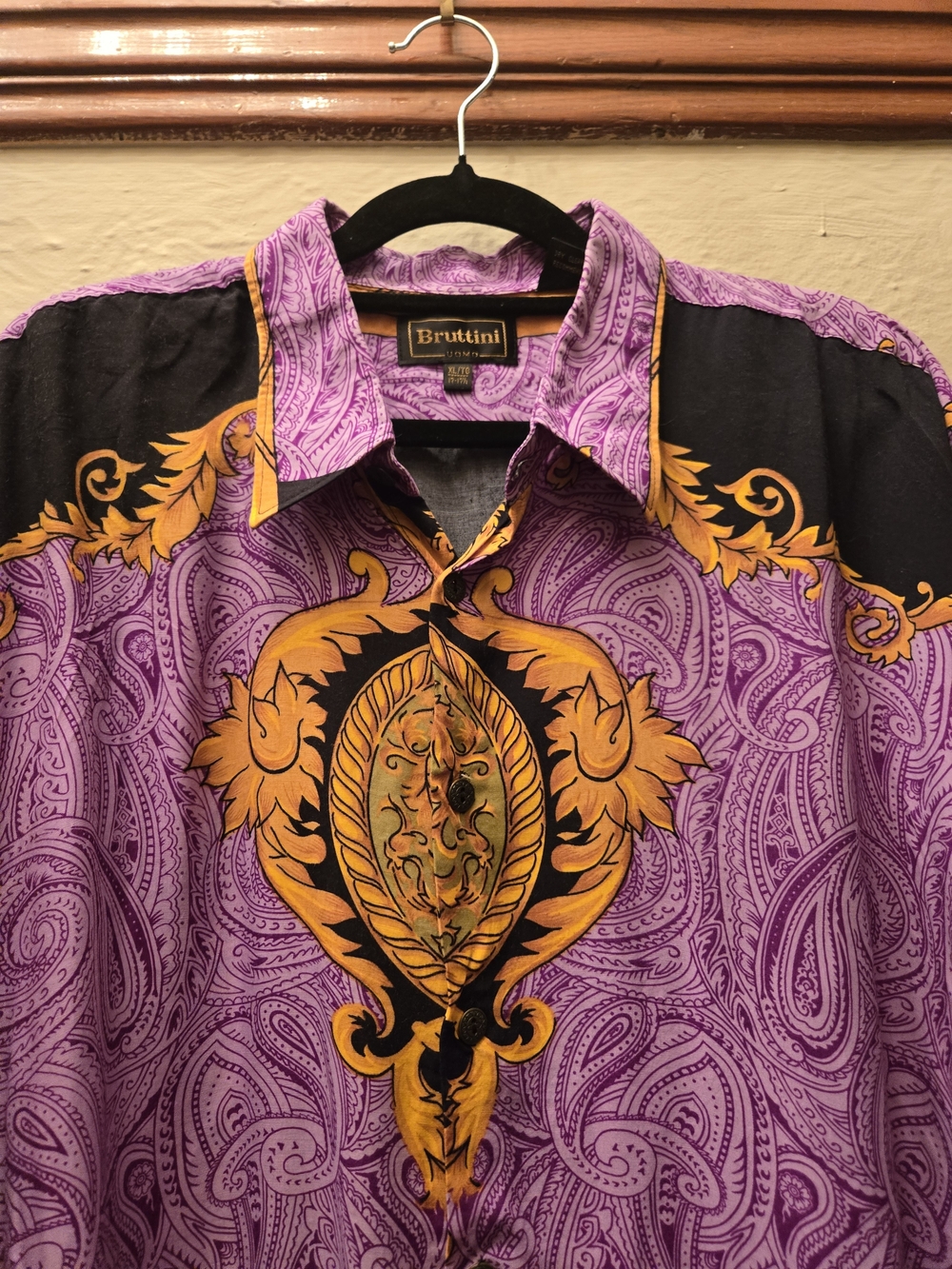 Vintage Bruttini Uomo Purple Paisley Baroque Button Up Shirt Y2K Versace Vibes - Picture 4 of 9